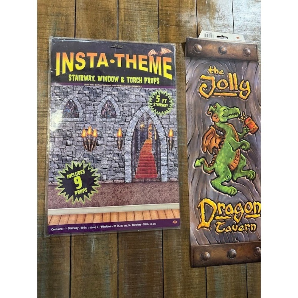 Beistle Insta-Theme Medieval Castle Props & Jolly Dragon Tavern Banner 10pc Set